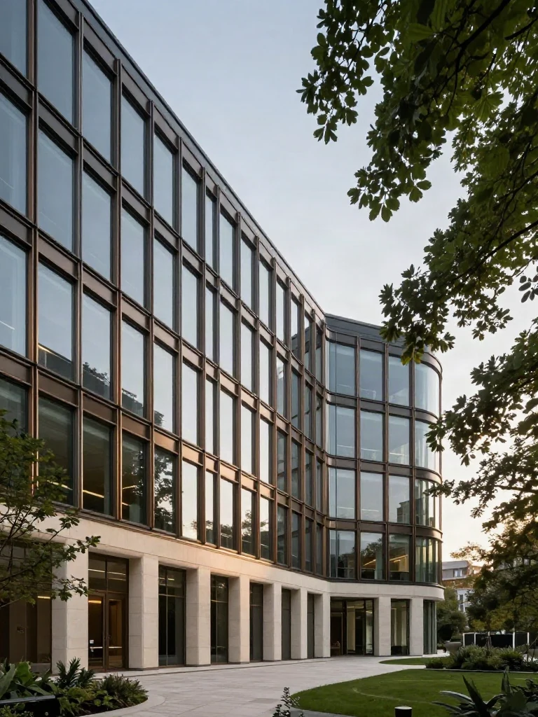 An upward perspective on a contemporary glass office building framed by green trees